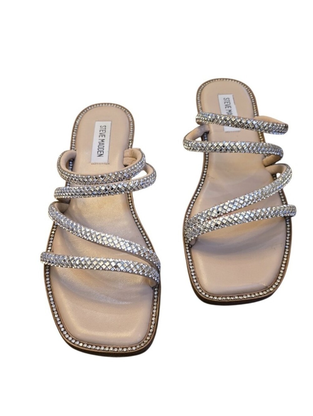 Steve Madden Starie Rhinestone Strappy Flat Sandals Silver Size 8.5